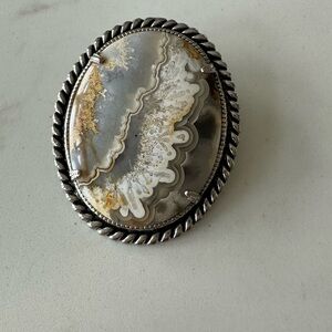 Agate Stone Bolo neckpiece with Silver Trim